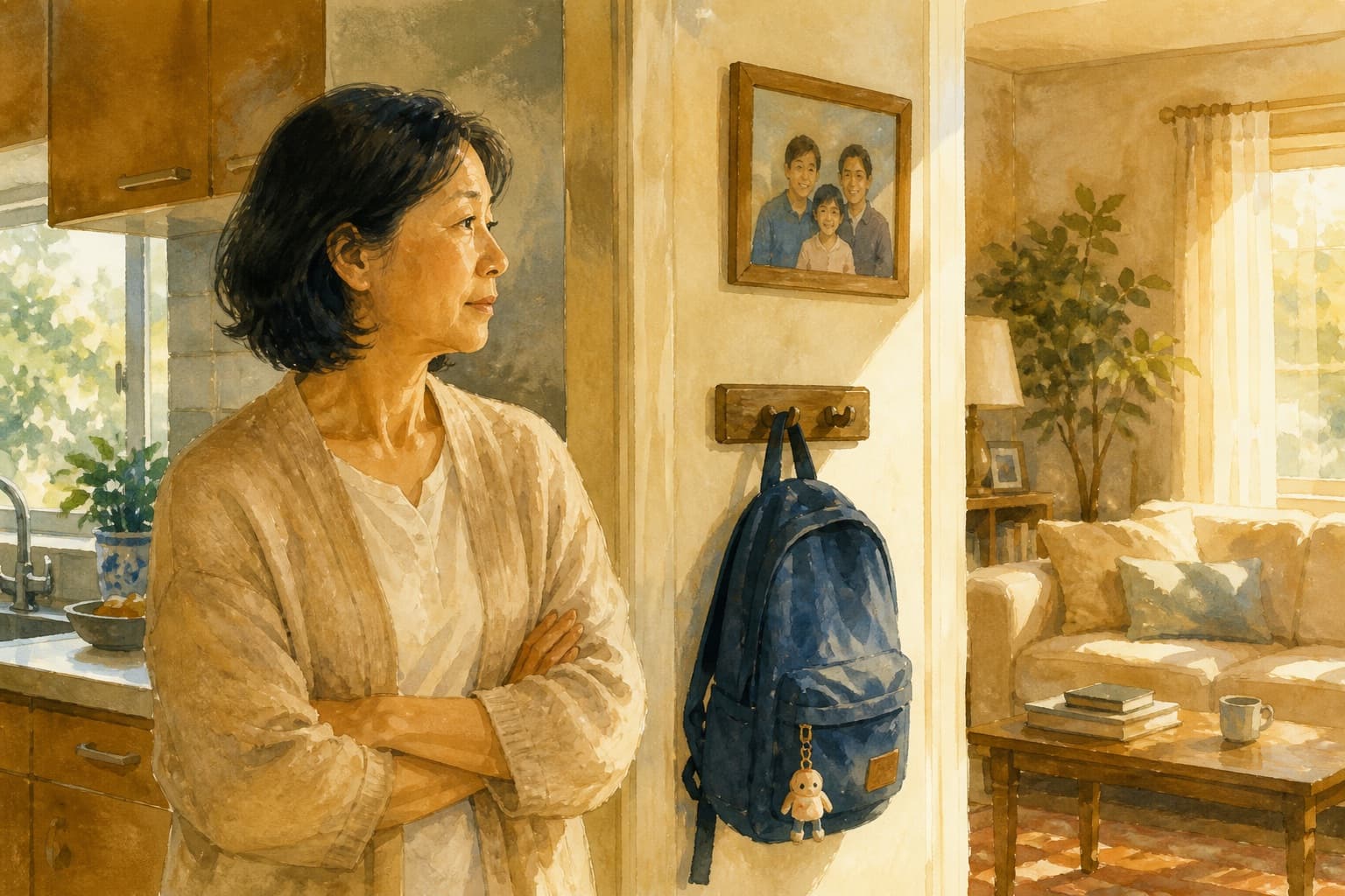 Painterly illustration of an East Asian mother standing alone in a sunlit kitchen doorway looking into a quiet living room.