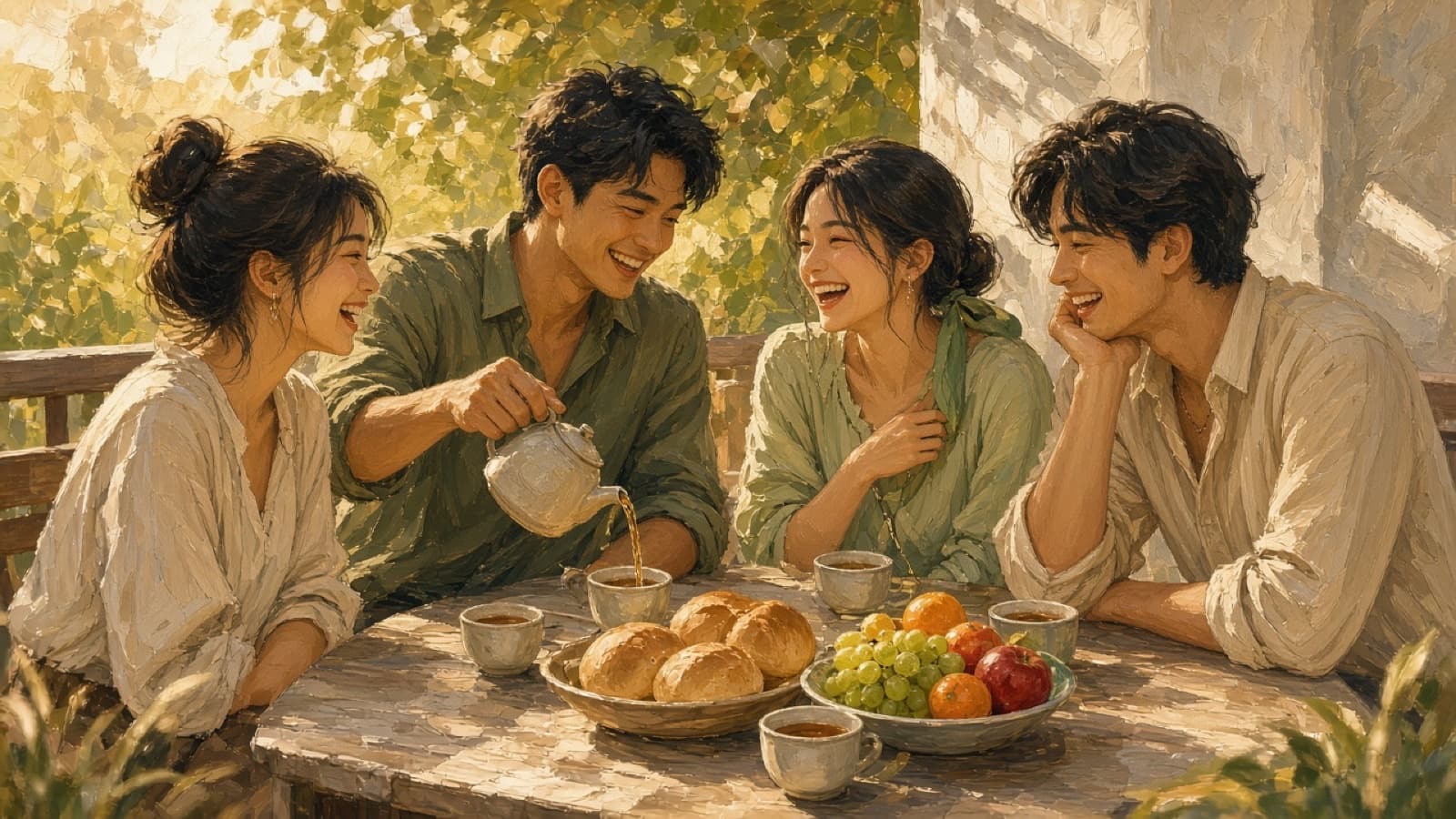 Painterly illustration of four young Asian friends laughing around an outdoor picnic table with tea and fruit in golden light